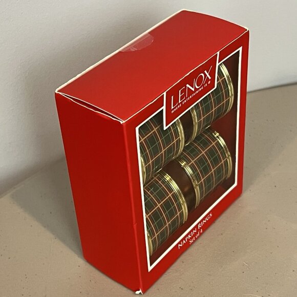 Set of 4 Lenox Nouveau Tartan Plaid Napkin Rings Gold Rim New - Picture 6 of 6